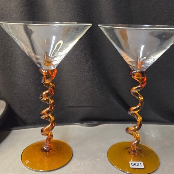 VTG Amber Twisted Stem Martini Glass Clear Bowl 7.5" Mid Century Barware - Picture 1 of 2